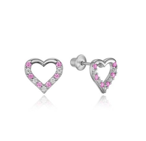 Micro Insert Heart Ricci d'orecchio a vite rosa per bambini in 925 sterling silver