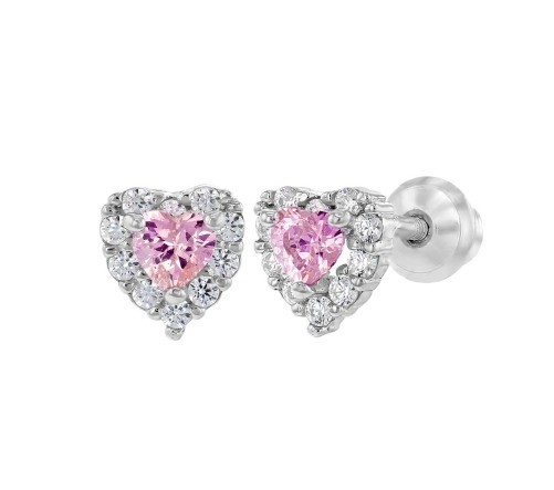 Rose Gold Plated Heart Pink CZ Screw Back Stud orecchini per bambini in 925 sterling silver