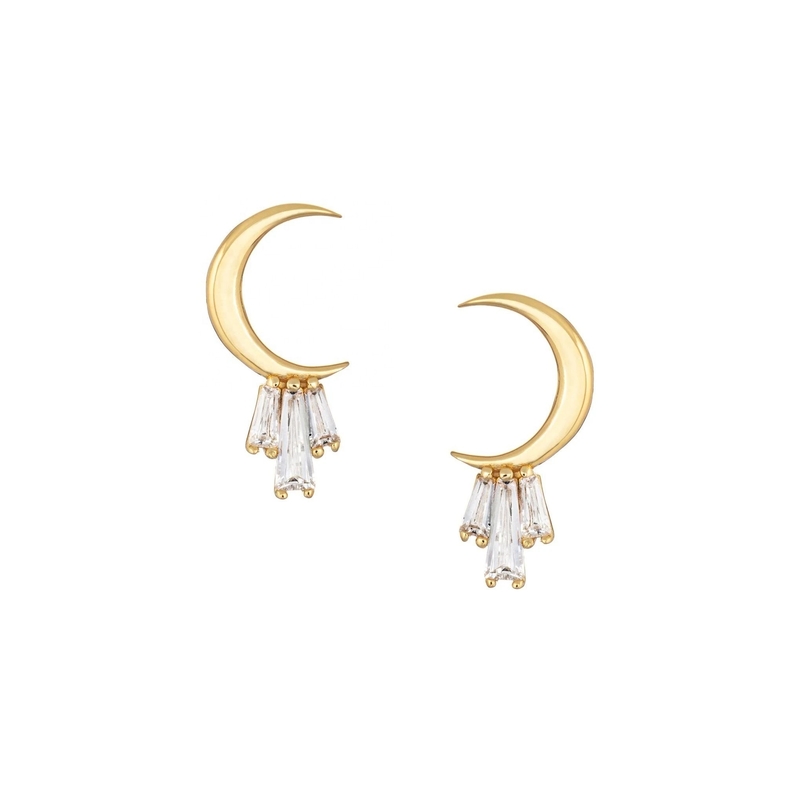 18K oro placcato 925 sterling argento baguette orecchini Moon Stud per donne AAA CZ pietra