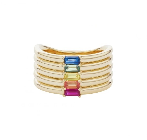 18K oro placcato arcobaleno baguette taglio CZ Multi Fashion 925 Sterling argento donne anelli