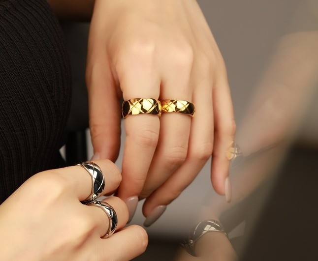 Antico 18K oro coppia coda femminile 925 Sterling Argento anello di nozze medio