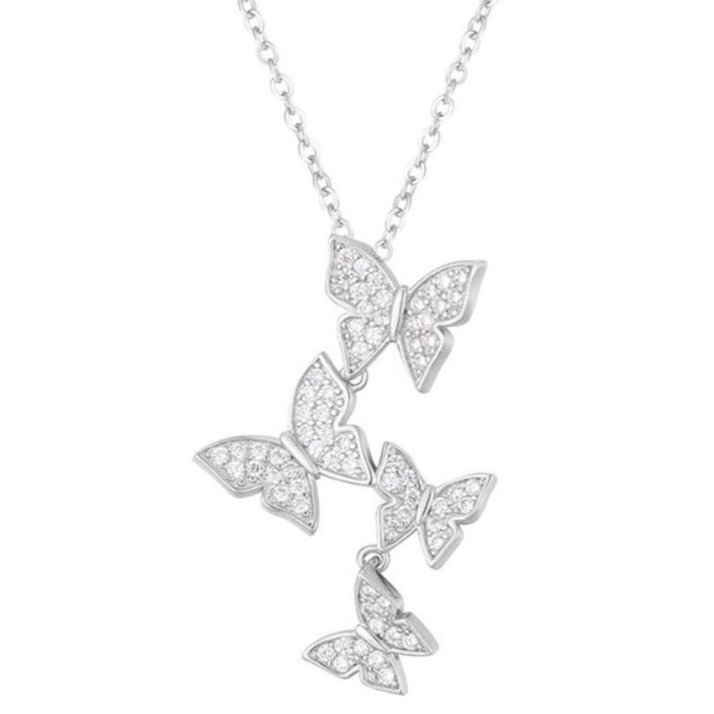 925 Sterling Silver White Gold Plated Micron Pave 4 Butterflies Charm Pendant Per Donne