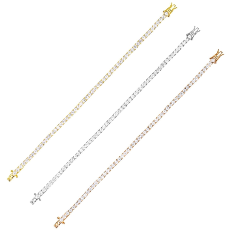 Articolo caldo 925 Sterling Silver Plating Gold 3mm Cubic Zirconia Tenis Bracelet Per Donne