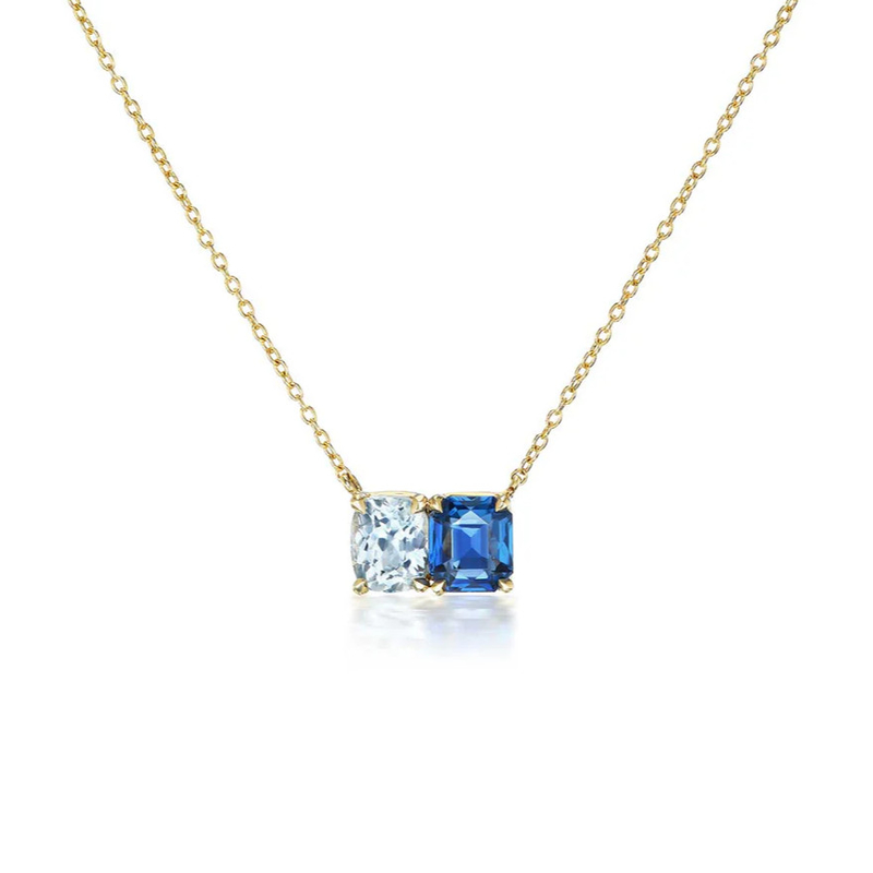 Vendita calda 925 Cushion in argento tagliato zaffiro e rettangolo tagliato bianco zircone colore blocco zirconia doppia pietra pendenti collane