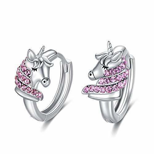 925 Sterling Silver Unicorn Huggie orecchini 16mm Rosa CZ per bambini