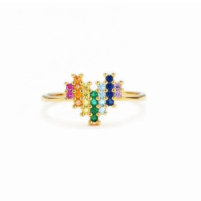 Anello di fidanzamento per matrimonio in oro 18 carati con simpatico design a forma di cuore e arcobaleno