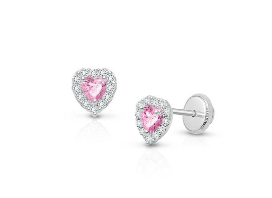 Orecchini a lobo a forma di cuore in argento sterling 925 con zirconi rosa e bianchi e pavé, gioielli raffinati per bambini