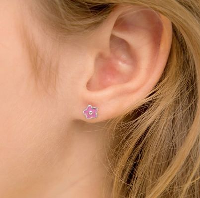 Orecchini a lobo a fiore in smalto rosa da 6 mm in argento sterling 925 con logo personalizzato e perizia di terzi per bambini