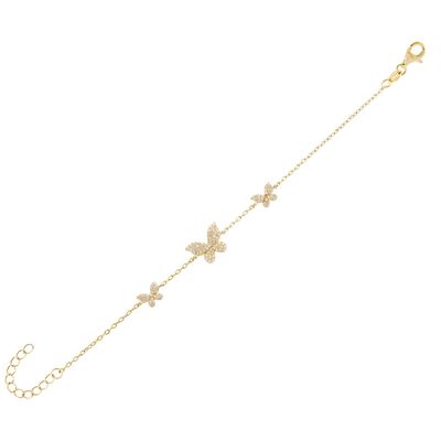 14K oro Triple Butterfly Chain Bracelet Chiaro CZ Silver Chain Bracelet 925