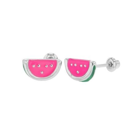 Orecchini a vite per bambini a forma di anguria in smalto rosa argento e verde per occasioni regalo