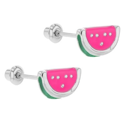 Orecchini a vite per bambini a forma di anguria in smalto rosa argento e verde per occasioni regalo