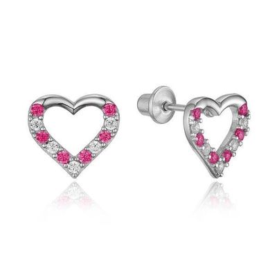 Micro Insert Heart Ricci d'orecchio a vite rosa per bambini in 925 sterling silver