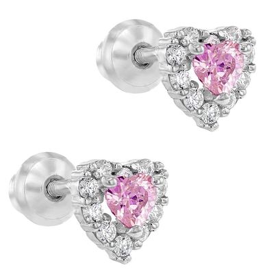 Rose Gold Plated Heart Pink CZ Screw Back Stud orecchini per bambini in 925 sterling silver