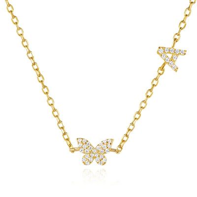 Collare Mini 18K Oro Bianco Micron Pave CZ Butterfly 925 Pendente d'Argento Sterling