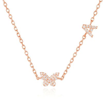 Collare Mini 18K Oro Bianco Micron Pave CZ Butterfly 925 Pendente d'Argento Sterling