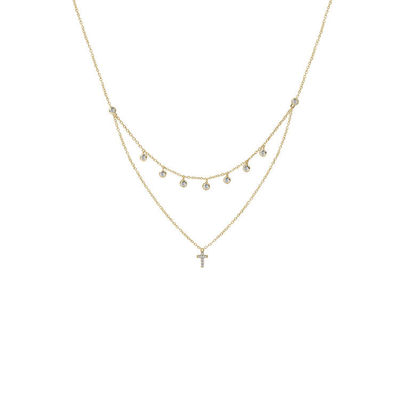 Due strati di bezzello Set Croce Diamante Pendente Rhodium Gold Plated Catena Collare