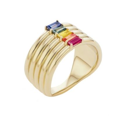 18K oro placcato arcobaleno baguette taglio CZ Multi Fashion 925 Sterling argento donne anelli