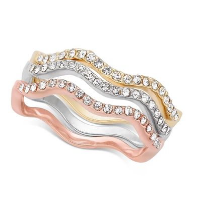 3 pezzi Pave Ring Set Rhodium Plated Wave Ring Sterling Silver