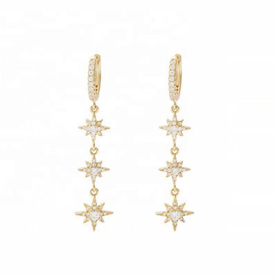 Ricoperto d'oro 925 argento brasiliano Starburst Long Dangle Hoop orecchini per donne