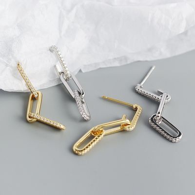 Retro Paperclip Rectangle Chain Orecchini in 925 Sterling Silver per la serata delle signore