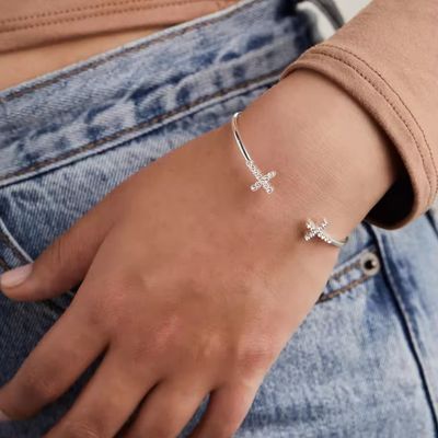 Pave Incrustato Cristallo Zircon 925 Sterling Argento Bracciale Croce Manetta 18K Oro Bracciale