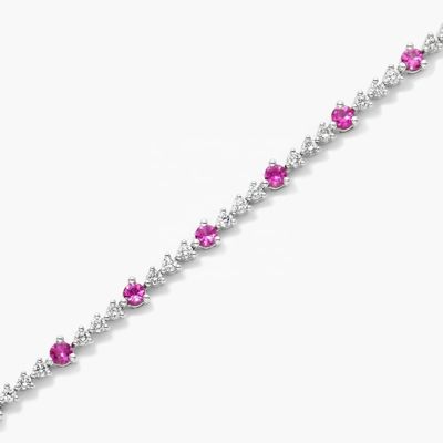 Braccialetto da tennis in rubino e zircone bianco da 3 mm, taglio rotondo, braccialetto da tennis in argento sterling
