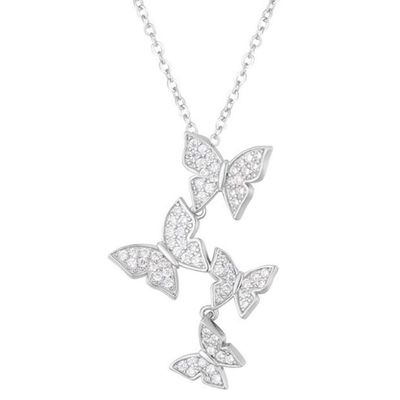 925 Sterling Silver White Gold Plated Micron Pave 4 Butterflies Charm Pendant Per Donne