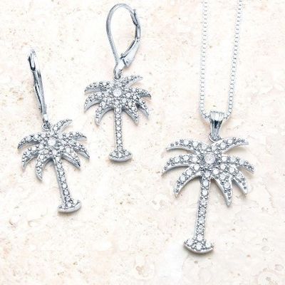 925 Sterling Silver Women'S Drop Earrings Con Disegno Di Palma E Zircon Bianco CZ Diamante