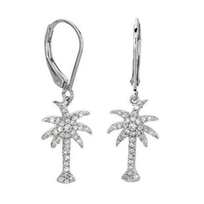 925 Sterling Silver Women'S Drop Earrings Con Disegno Di Palma E Zircon Bianco CZ Diamante